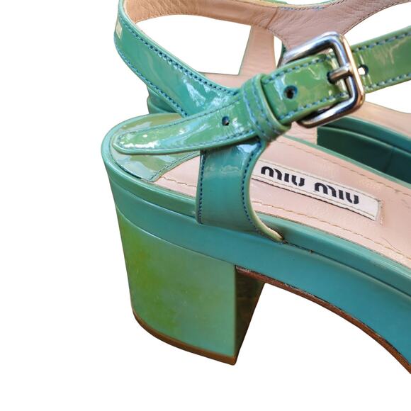 Miu Miu Green Patent Leather Crystal Platform Ankle Strap Sandals - Size 35 - Picture 8 of 9